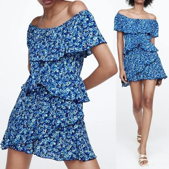 NEW Zara Blue Floral Off the Shoulder Cute Tiered Ruffle Dress Romper Jumpsuit M - Picture 2 of 9